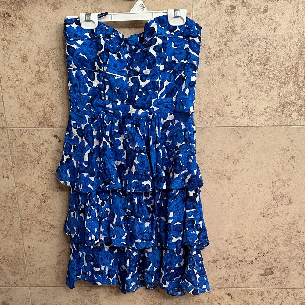 Cynthia Steffe Blue and White Abstract Strapless Dress